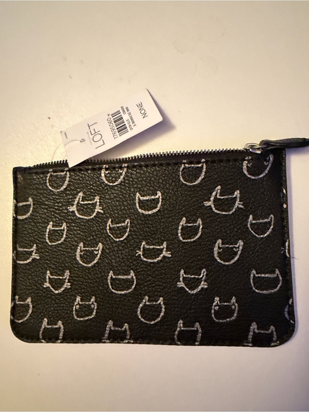 LOFT Black Leather with Silver Kitty Heads Zippered Change Purse Wallet
